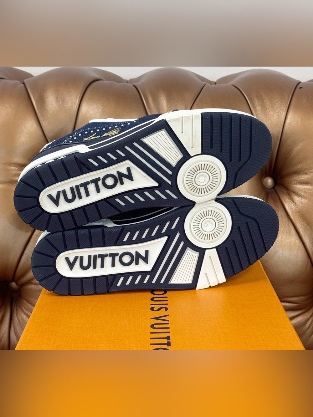 Louis Vuitton LV Trainer Sneaker 1AJ517 Swarovski™ pearls Indigo Blue SIZE 8.5 - Picture 6 of 14